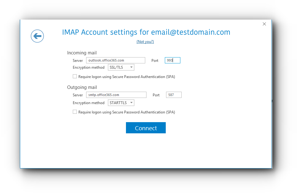 outlook 2016 server settings imap